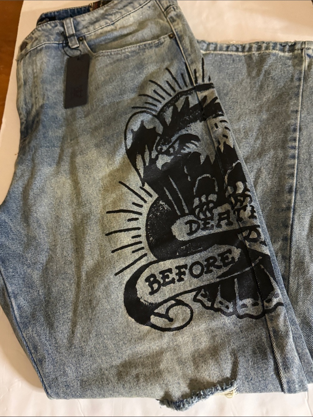Ed Hardy  Desth before HonorLight Blue Straight Jeans with Black Graphic